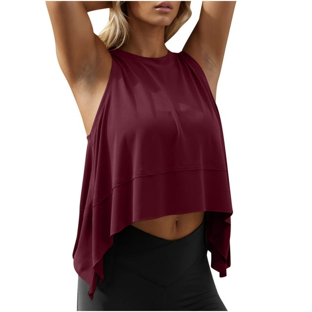 LOVZFMLL Hauts pour Femmes Doux Sans Manches Crop Col Rond Coupe Ample T-Shirts Athlétiques Gym Yoga Tank Vin TG
