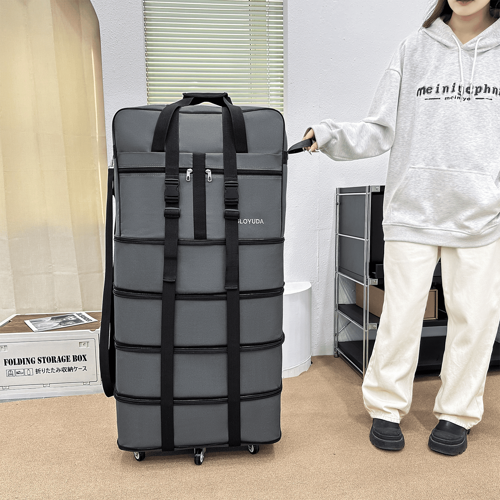 Gloyuda 42 inch Rolling Bag, Duffle Bag with Wheels, Rolling Tote Bags with Wheels, Collapsible Luggage, Travel Bag with Wheels and Handle, Roller Bag with 2 Fixing Straps and 1 Shoulder Strap