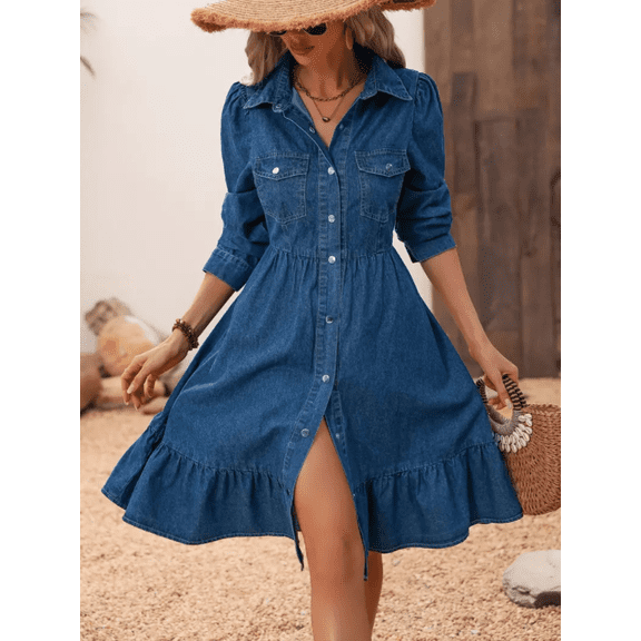 Women‘s Flowy Denim Dress A Line Ruffle Midi Jean Dresses Vacation Puff Long Sleeve Button Down Lapel Neck Casual Dress