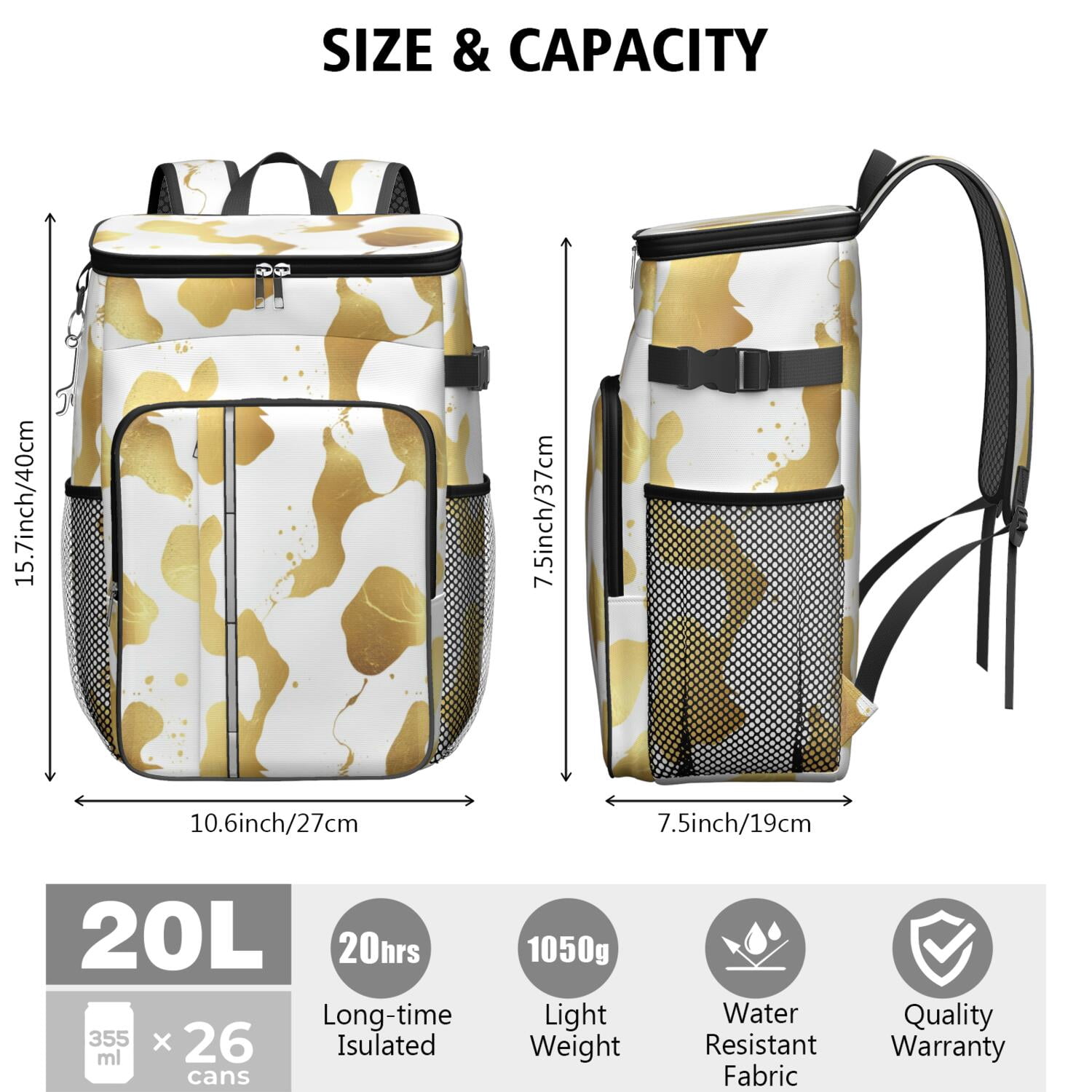 Travel Cooler Bag - Gold and White Marble Camping Beer Cooler Backpack with Bottle Opener- Waterproof Insulated Picnic Backpacks - Cooler Bag for Beach