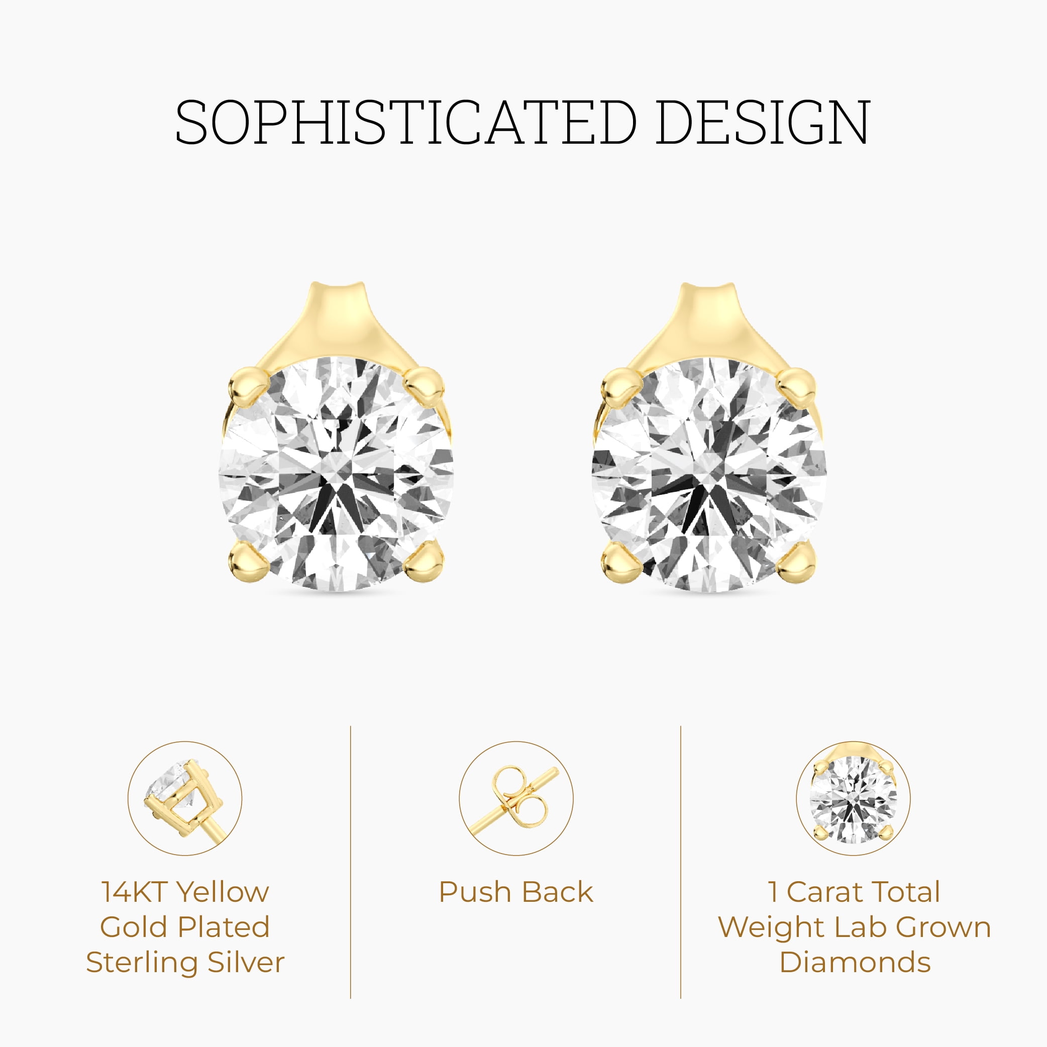 Gilded 1 Carat Total Weight Lab-Grown Diamond 14KT Gold Plated Silver Stud Earrings for Women | Hypoallergenic Fine Jewelry | 4-Prong Basket, Push Back Nut | SI1 Clarity, F Color, Round Cut