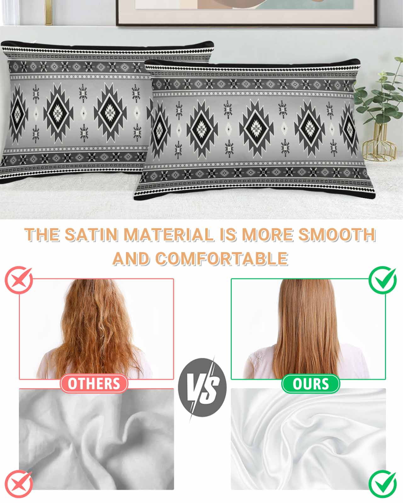 Gray Aztec Pillow Cases King Size Set of 2, Smooth Satin Pillowcase for Hair and Skin, Bohemian Southwest Country Ethnic Art Decorative Cooling Bed Pillow Covers with Zipper, 20x36 Inches