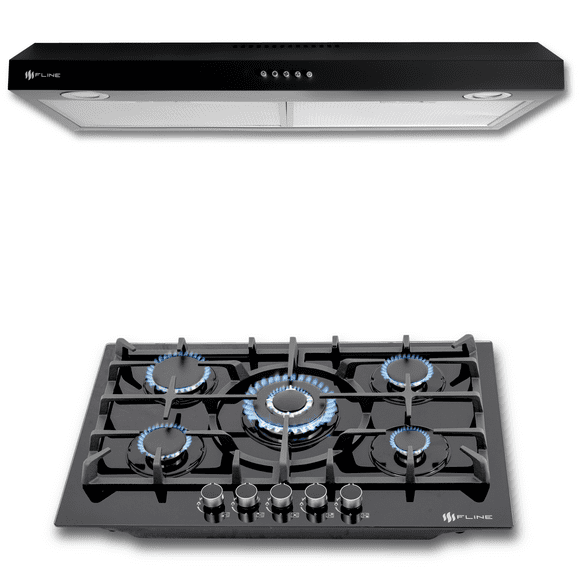 FLINE | Combo parrilla de gas y Campana Acero Inoxidable | vidrio templado y acero negro | negra 80 cm| 5 quemadores | 3 velocidades | OP5ABR80