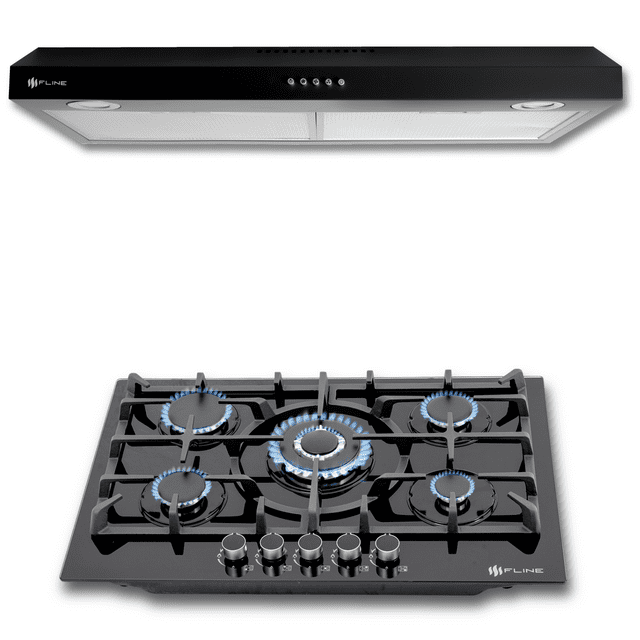 FLINE | Combo parrilla de gas y Campana Acero Inoxidable | vidrio templado y acero negro | negra 80 cm| 5 quemadores | 3 velocidades | OP5ABR80