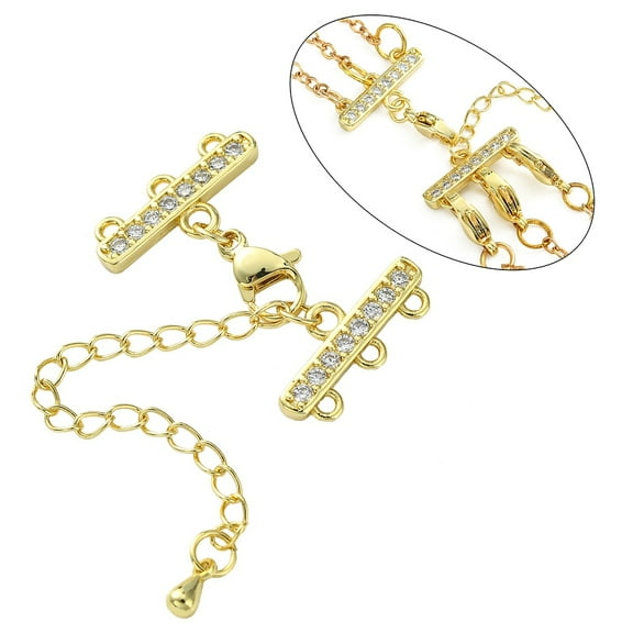 Brass Micro Pave Cubic Zirconia Chain Extender Necklace Layering Clasps with 3 Strands 6-Hole Ends and Lobster Claw Clasps Nickel Free Clear Real 18K golden Plated 5sets