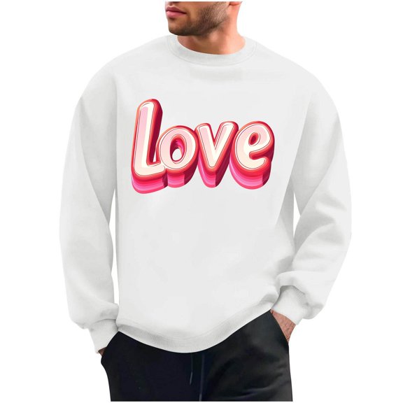 Mens Valentines Day Sweatshirts Love Heart Printed Graphic Casual Loose Long Sleeve Crewneck Pullover Shirts Top (L, White)