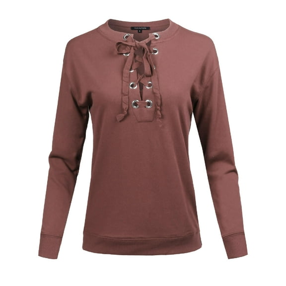 Women's Casual Solid Long Sleeve Front Lace Up Neck French Terry Top