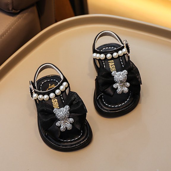 Girls' Summer Sandals, Pearl and Bow Decorated Princess Style Flat Sole Casual Shoes for Toddlers and Kids, Soft and Comfortable for Daily Wear, Outdoor Play, Parties, and Special Occasions - Black