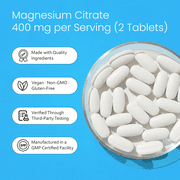 Magnesium Citrate 400 mg - 120 tablets Elemental Magnesium Supports Function of muscles, bones, heart Non-GMO per serving