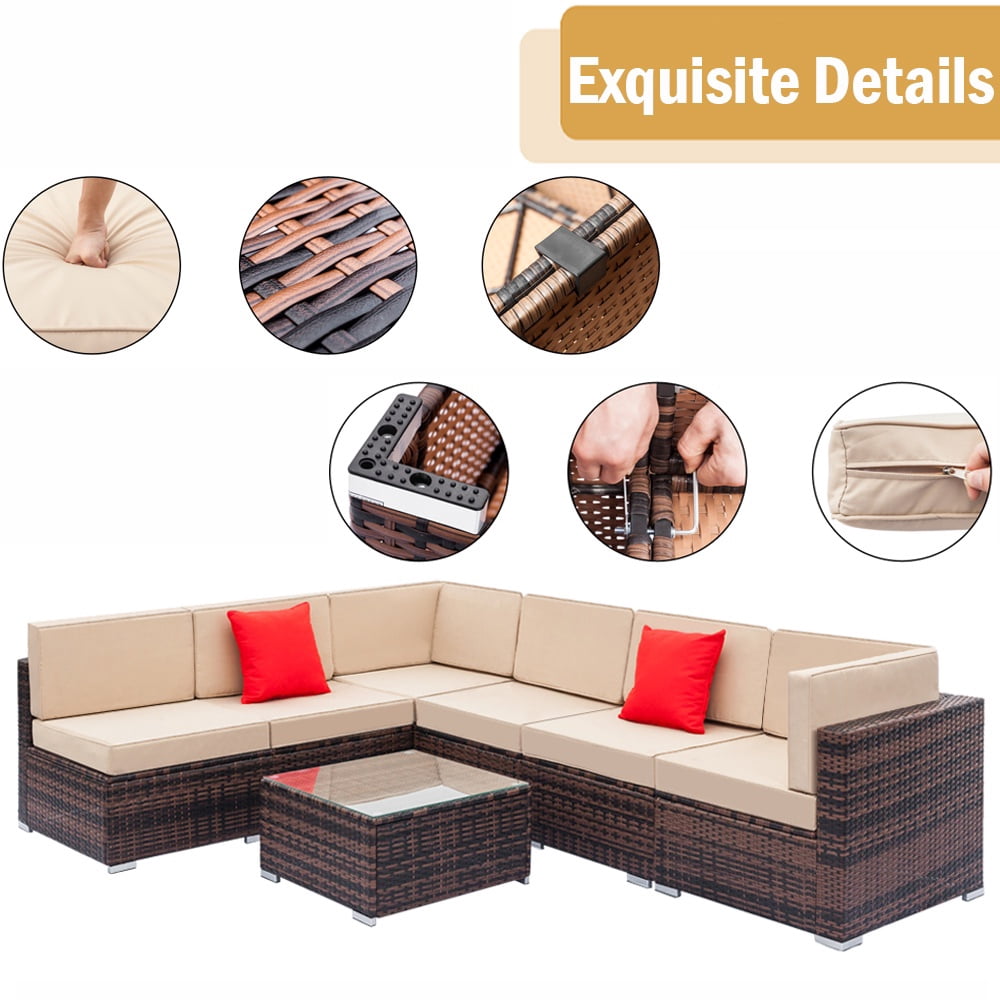 Seizeen Patio Funiture Set, Patio Sectional Sofa with 1 Multifunctional Table & Ottoman, 5-Piece Gray PE Wicker Rattan Sectional Sofa Set for Garden, Poolside, Backyard, Beige Cushions
