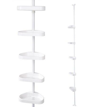 YesHom 5-Tier White Plastic Tension Bathroom Corner Shelf Bath Shower Caddy Pole Storage Rack Tower Organizer (Best Shower Caddy No Rust)