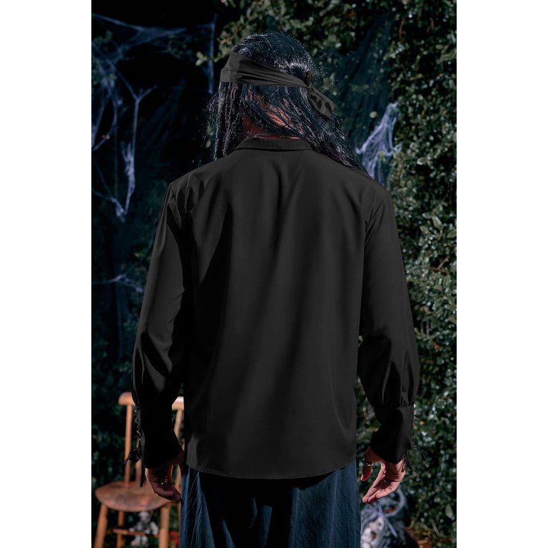 Lace-Up V-Neck Medieval Viking Long Sleeve Shirt Black / 3XL