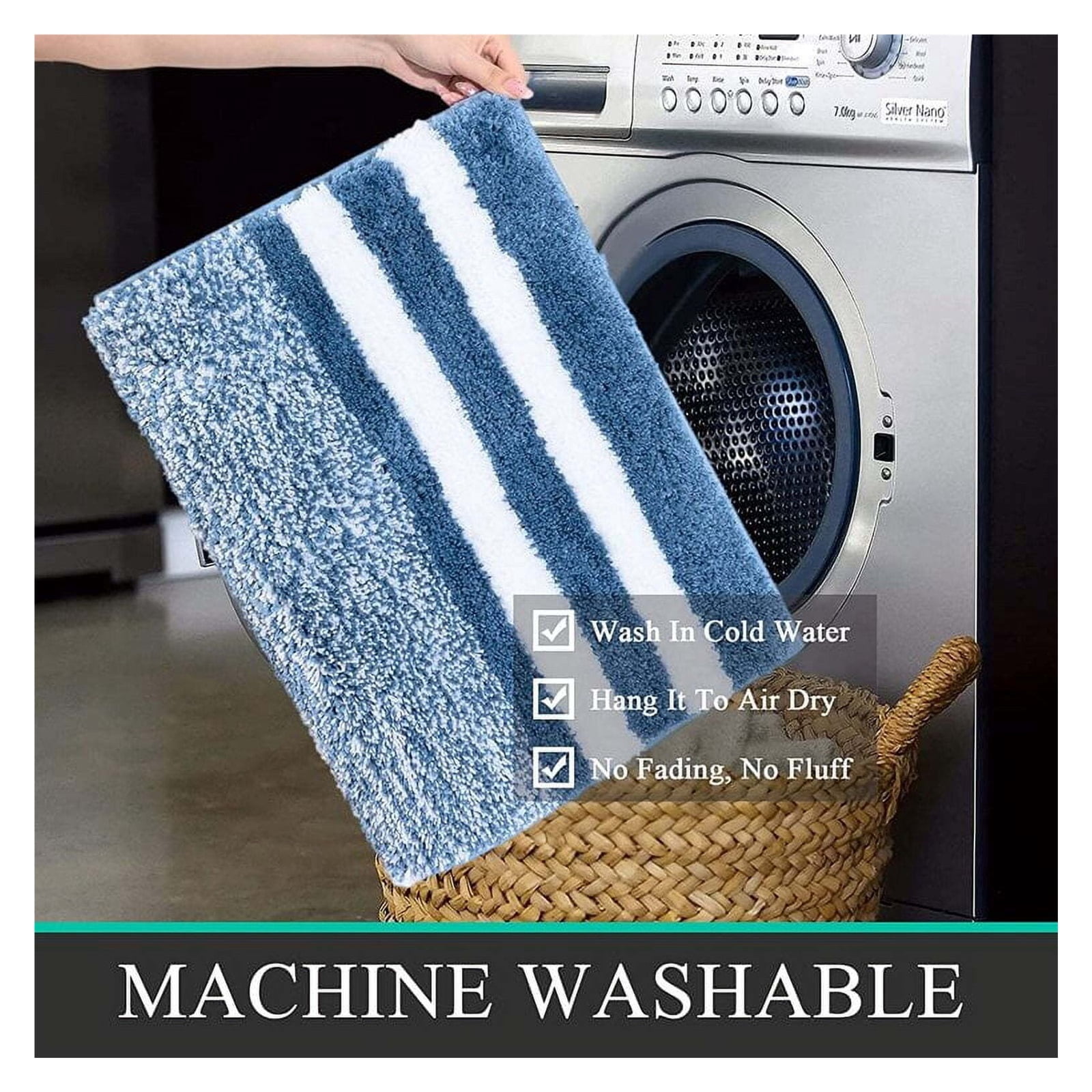 Bath Mat, Bathroom Rug Set, Non Slip Absorbent Quick Dry Bath Room Runner Rugs, Extra Soft Microfiber Washable Machine Tub Bathtub Shower Floor Carpet, Blue & White
