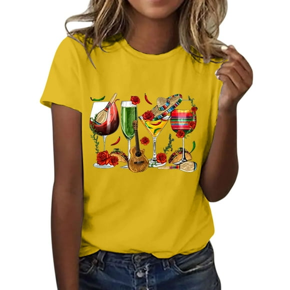 DondPO Women's T-Shirts De Women's Wine Glass Mexican Printed Shirt Short Sleeve Round Neck T Shirt Fashion top Casual Summer Clothing Clothes Shirts for Women Womens tops Yellow XL Clearance!