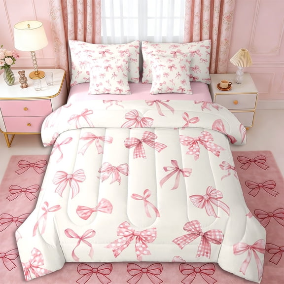 Erosebridal Cute Ribbon Bow Twin Bedding Sets 7-Piece for Children,Kawaii Plaid Bowtie Bedding Comforter Set for Teens Girls,Pink Reversible,Lightweight Room Decor