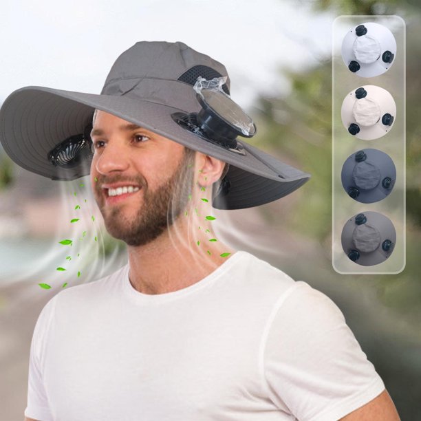 Sombrero de pesca al aire libre Solar Fan para hombre | Gorra de protección solar de ala ancha con ventiladores ajustables de 3 velocidades incorporados | Energía solar y USB recargable | Malla
