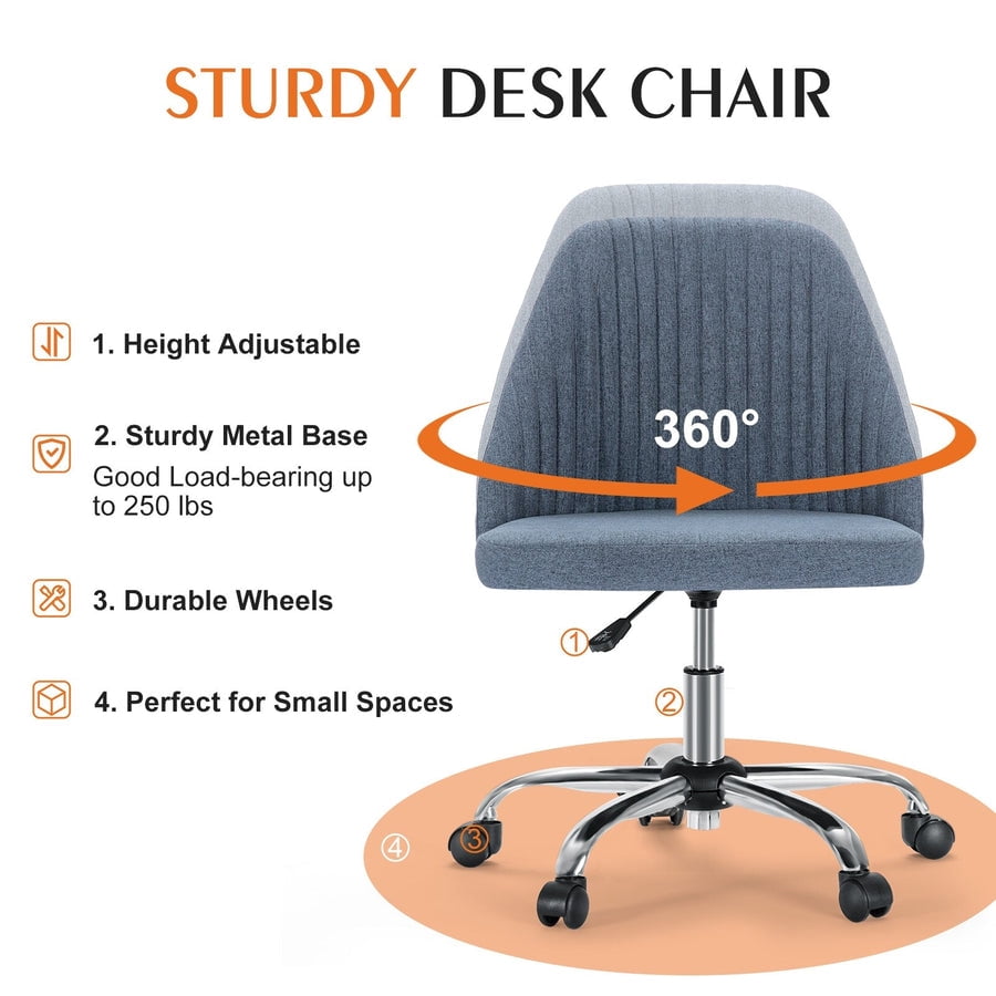 Colorful Linen Desk Chair, Comfy Thick Seat with Swivel Wheels, Armless Task Chair, Blue