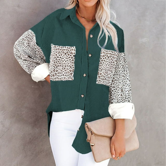 Leopard Women's Pockets Splicing Buttons Long Sleeve Tops Outwear Turn-down Collar Jacket Coat