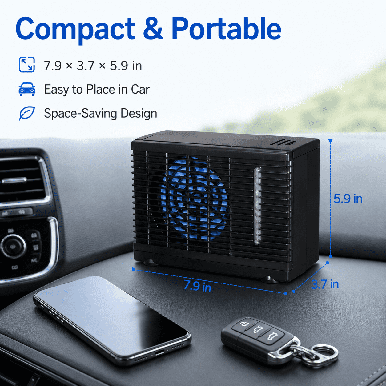 Portable Car Air Conditioner Fan 12V Evaporative Cooler Mini Conditioner For Car Truck Rv Camping Low Noise 2 Wind Levels 7.9X3.7X5.9In