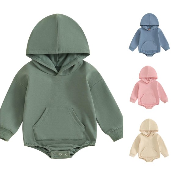 RMGVDSD Baby Boys Girls Hooded Romper Solid Color Pocket Long Sleeve Hoodie Sweatshirt Bodysuit One-Piece Fall Winter Outfit 3-6 Months