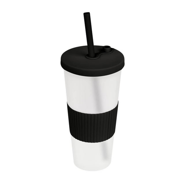 vaso plástico de doble pared con acabado frosty, manga de silicón negro 10 x 20.5 Vaso termo de plástico centrado con acabado frosty, tapa de rosca negra y popote incluido, manga antideslizante de silicón negra estriada alrededor del cuerpo, silueta cilíndrica 10 x 20.5 cm (670 ml), marca 2DRINK; a menudo se usa para bebidas frías y es adecuado para personalizar por serigrafía en área 5 x 4 cm.