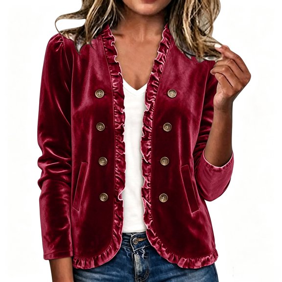 Vivianyo HD Women's Ruffle Trim Velvet Jacket, Button Front Casual Long Sleeve Fall Coat with Pockets, Sizes S-3XL