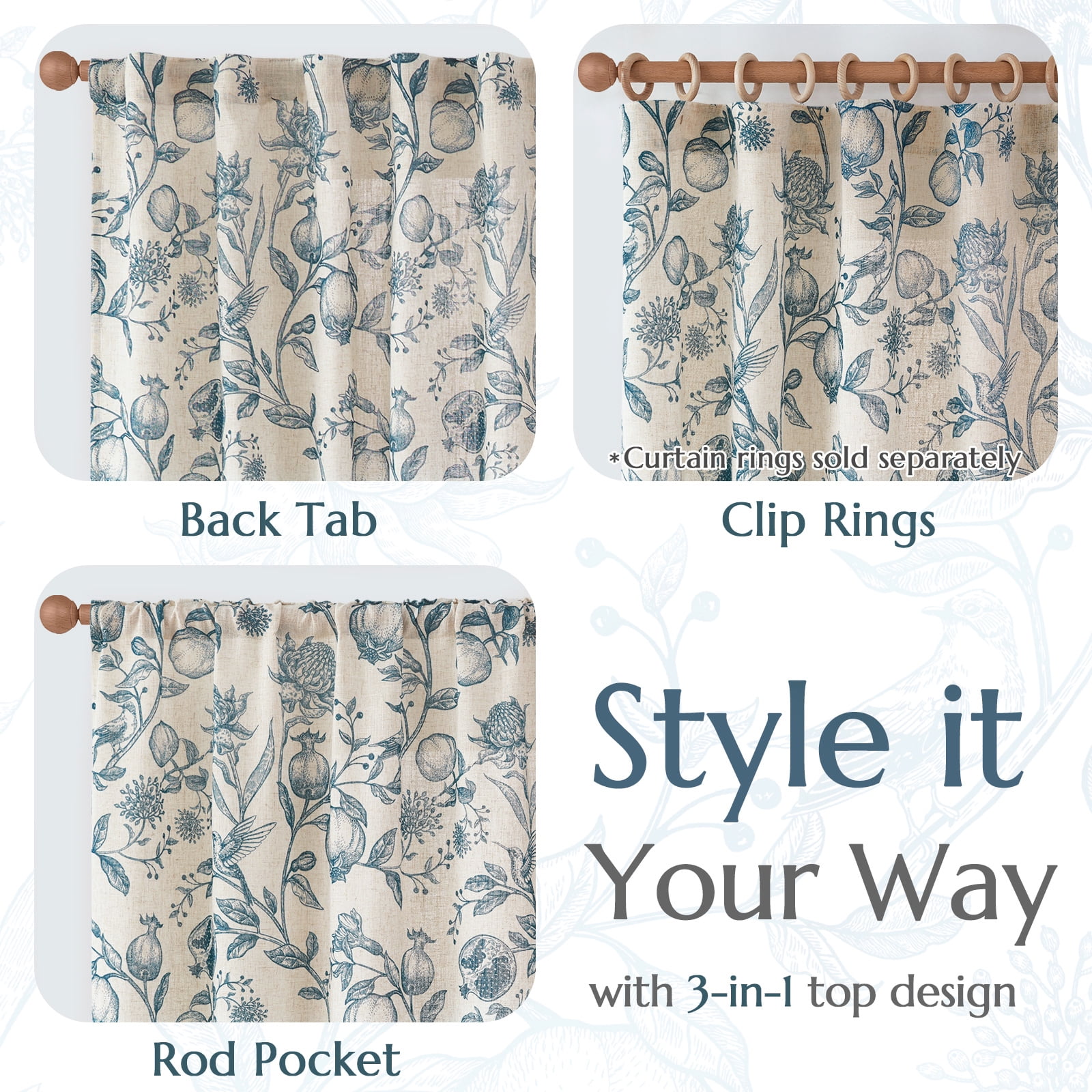 CURTAINKING Linen Curtains Floral Curtains for Living Room 84 Inch Long Blue French Curtains Back Tab Light Filtering Toile Print Farmhouse Bedroom Curtains Window Curtain Set 2 Panels