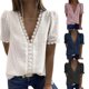 thumbnail image 2 of Camisa de gasa con cuello en V profundo encaje bordado manga corta parte Irfora Azul marino XXL, 2 of 6