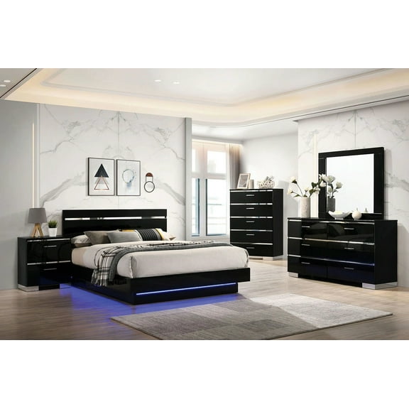 Majestic Modern Styled Platform Bed w LED Dresser Mirror Nightstand Set 4 Piece Queen Black Furniture Set Bedroom Solid wood