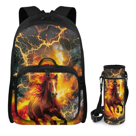 FUIALDOLG Horse Lightning Toddler Girls Backpack and Lunch Box Set 17 Inch Lightweight Waterproof Kindergarten Elementary School Bag with Bag Water Bottle Holder 3 Pcs Set