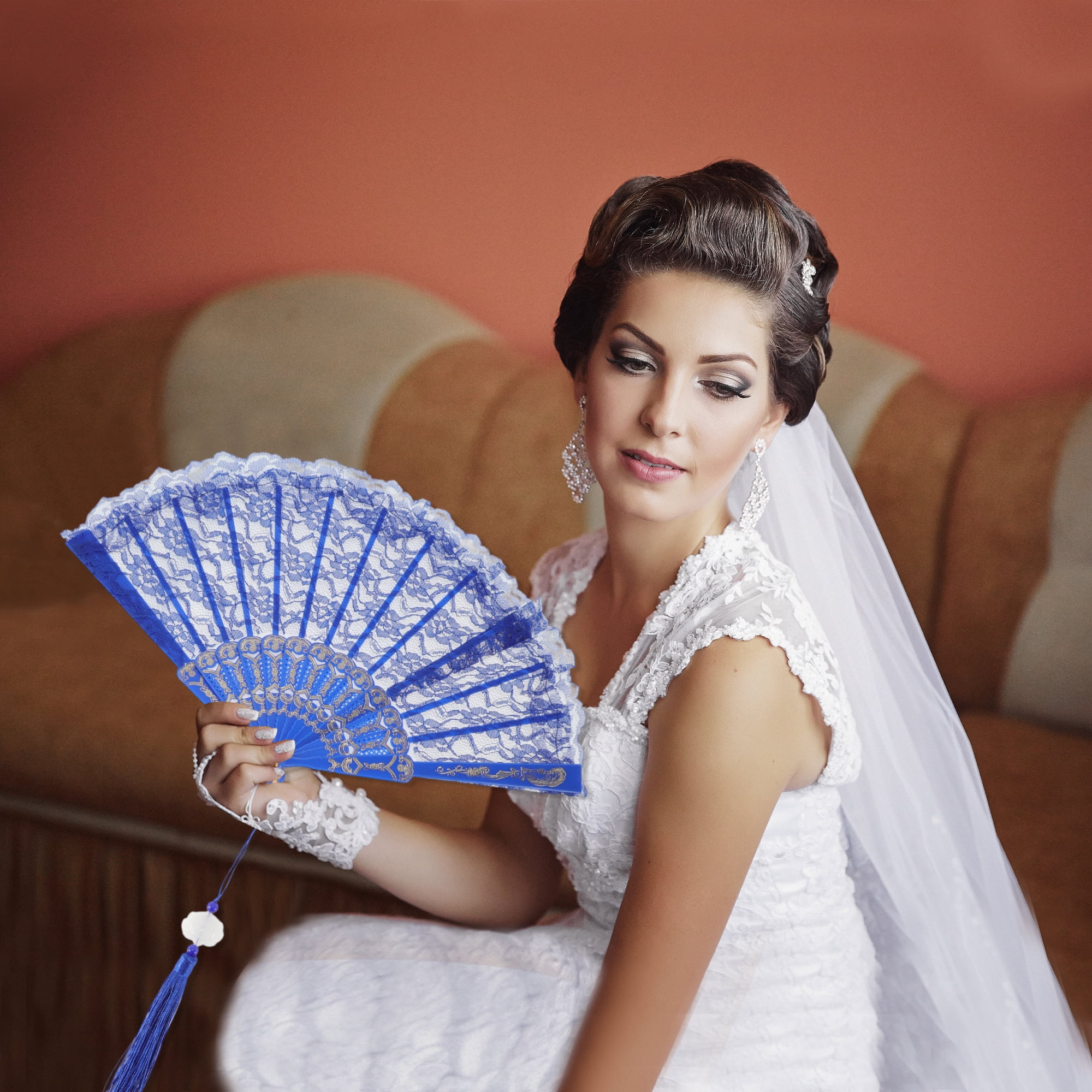 Unique Bargains Lace Trim Orchid with Tassel Folding Fan 1 Pc Blue