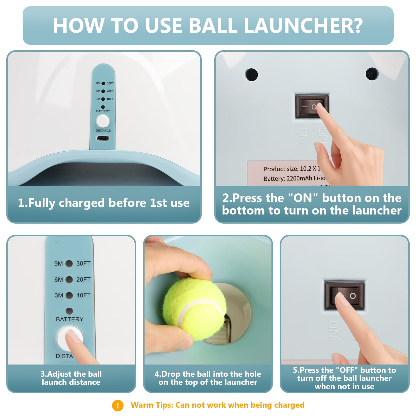 Dongyi Automatic Ball Launcher for Dogs-3 Distance Settings 10-30ft,Interactive Toy for Small & Medium Dogs with 6 Tennis Balls,Indoor/Outdoor Play(Blue)