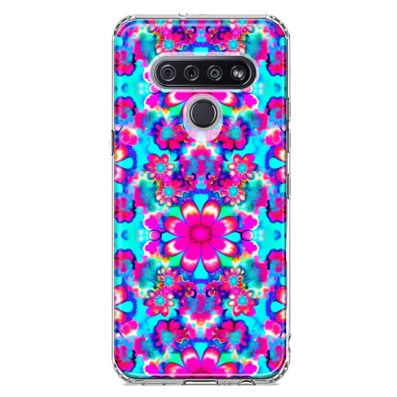 MUNDAZE LG K51 Pink Blue Vintage Hippie Tie Dye Flowers Shockproof Clear Hybrid Protective Phone Case Cover