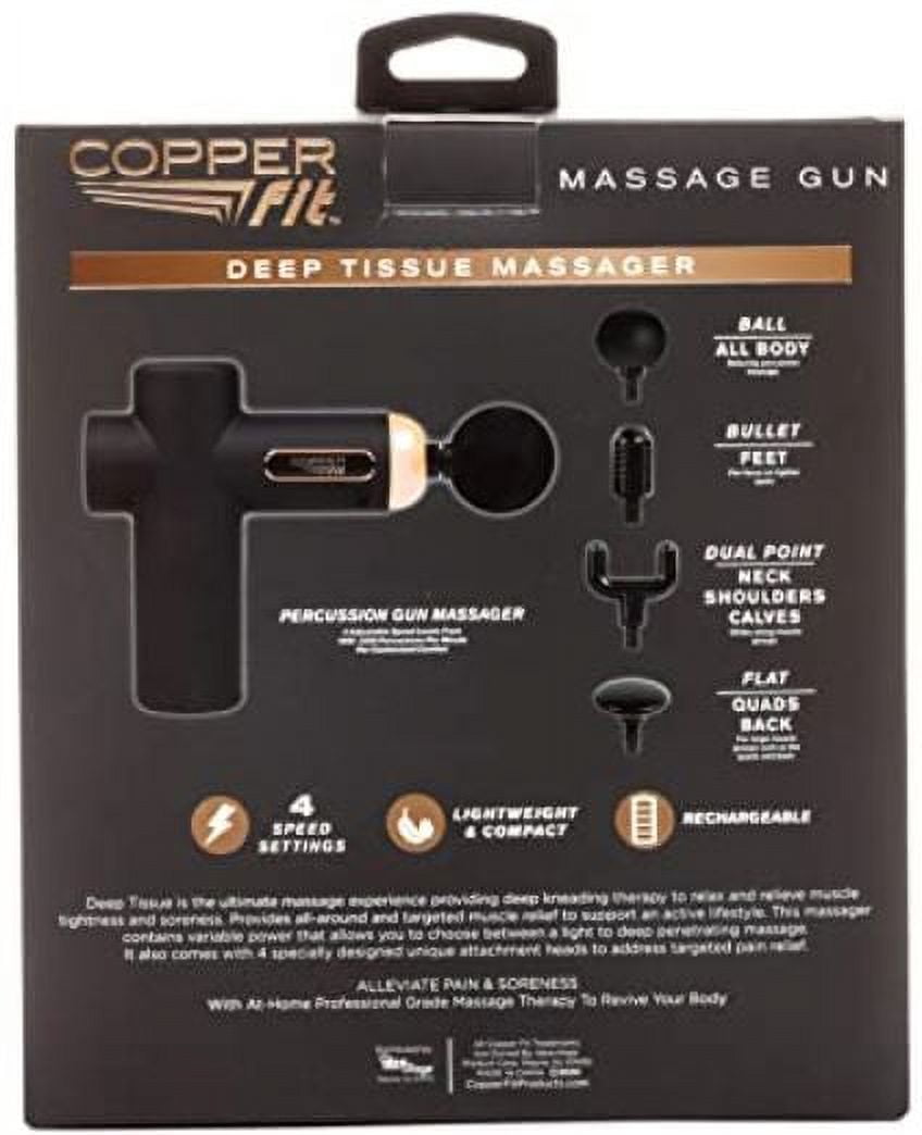 Copper Fit Percussion Massage Gun w/ 4 attachments, Cordless, Rechargeable, Compact, Portable, As Seen on TV
