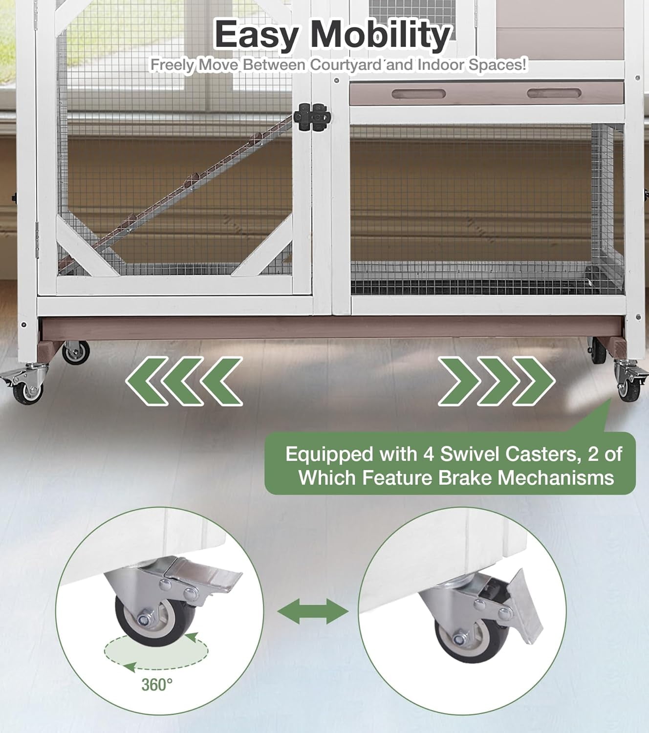 MEDEHOO Rabbit Hutch 2-Story Wooden Bunny Cage with 2 Leak-Proof Sliding Trays, Chew-Proof Metal Mesh, Rainproof Cover, Indoor & Outdoor Guinea Pig House with Wheels - Brown