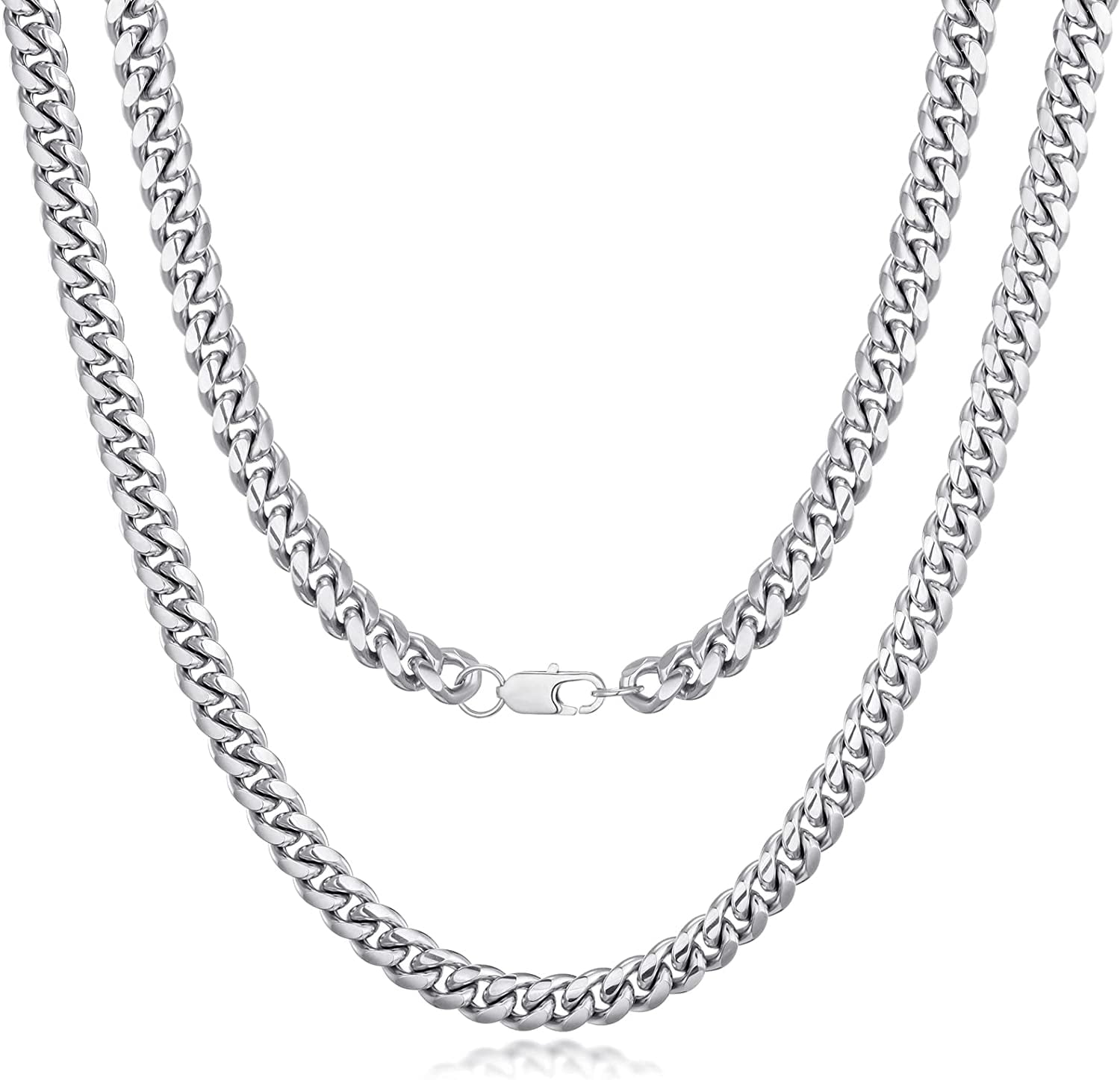 Steel Necklace Chain for Men, Silver Chain Long, Tennis Curb Cuban Necklace  with Cubic Zirconia, 15mm Silver Chain Necklace 18 Inches