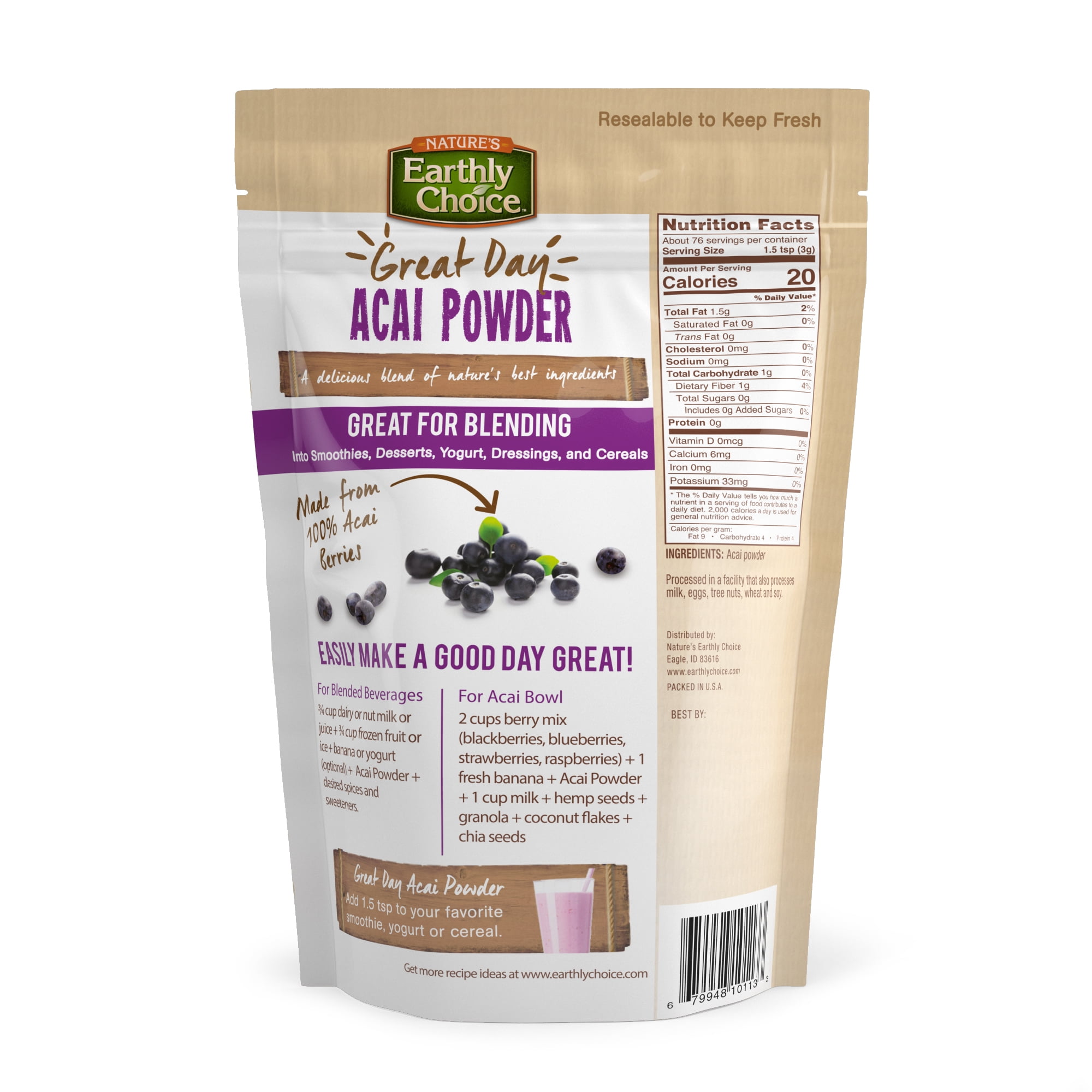 (3 pack) Natures Earthly Choice Powder Blend Acai Gluten Free and Vegan Bag, 8oz