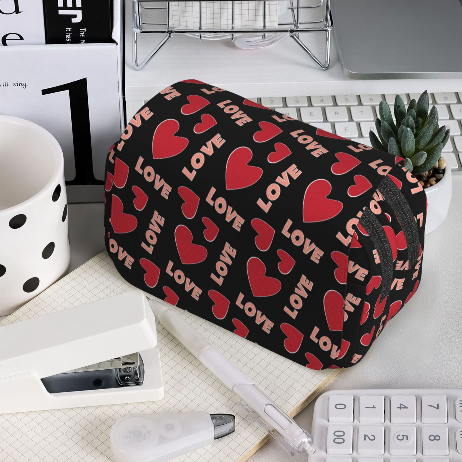 Rateoe Heart and love Pattern Double Clamshell Pen Case, Storage Organizer with Two Zipper Compartments– Holds Up to 50 Pencils & Pens