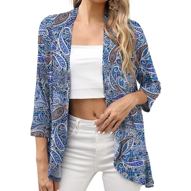 Oucaili Cárdigan ligero de verano con estampado floral para mujer, manga 3/4, dobladillo alto y bajo, blusa de viaje drapeada