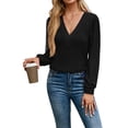 thumbnail image 3 of Blusas de Larga con Cuello en V para Mujer, Elegantes, Informales, de Otoño, con Mangas Abullonadas, Holgadas, Modernas. Negro L, 3 of 9