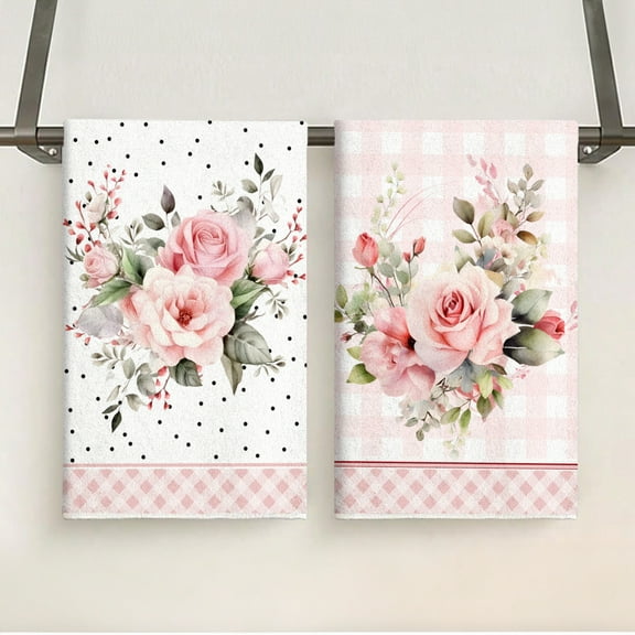 Decorative Kitchen Towel Set, Pink Rose Floral Pattern, Polka Dot Design, 2-Piece