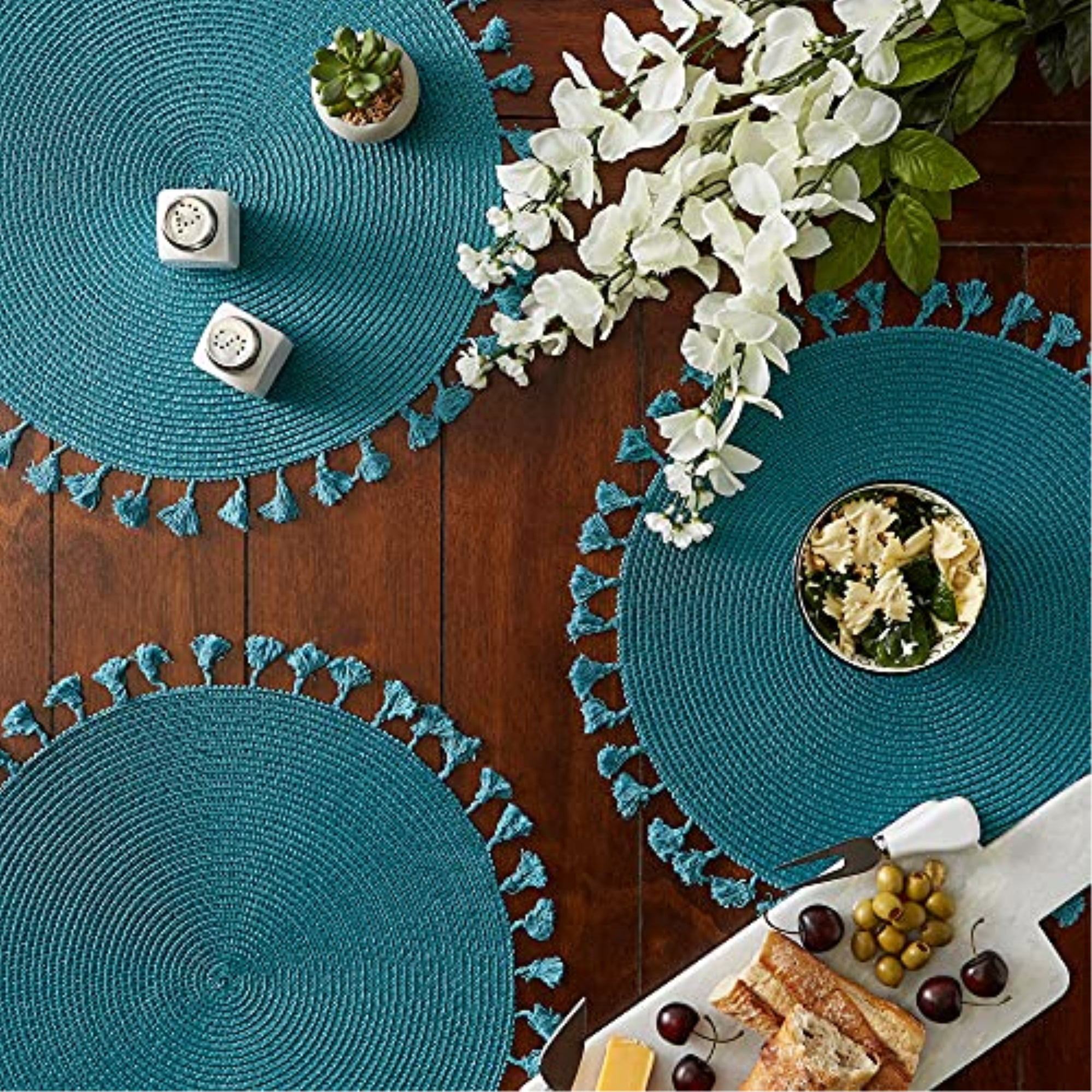 Teal Tassel Fringe Pp Woven Round Placemat Set of 6
