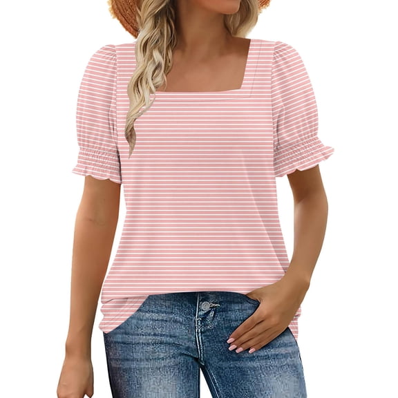 Htigea Women's Square Neckline Striped T-Shirts Smocked Cuffs Short Sleeve Tops Summer Casual Loose Fit Tees Pink S