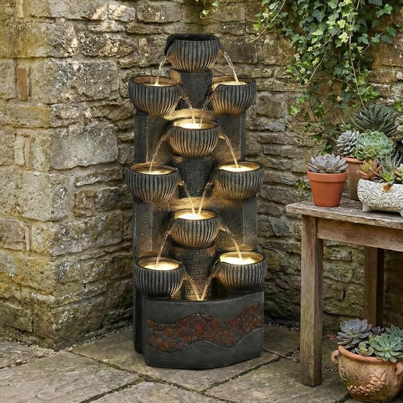 EPICOZY 39.5" Tall Outdoor Water Fountain, 10-Tier Modern Floor-Standing Cascading Bowls Waterfall Fountain with Warm LED Lights, Resin Water Feature for Garden, Patio, Backyard, Porch and Home Décor
