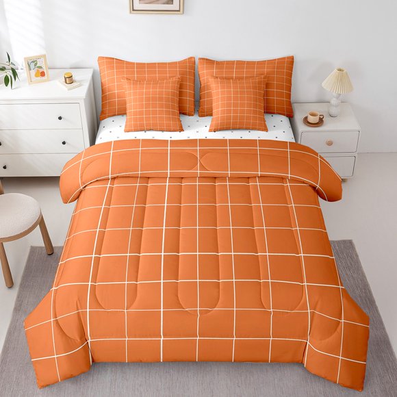 Orange Lattice Queen Size Comforter Set - Bedding Set Queen 7 Pieces,Farmhouse Geometric Grid Bed in a Bag Buffalo Plaid Geometry Bed Set with Comforter,Sheets,Pillowcases & Shams