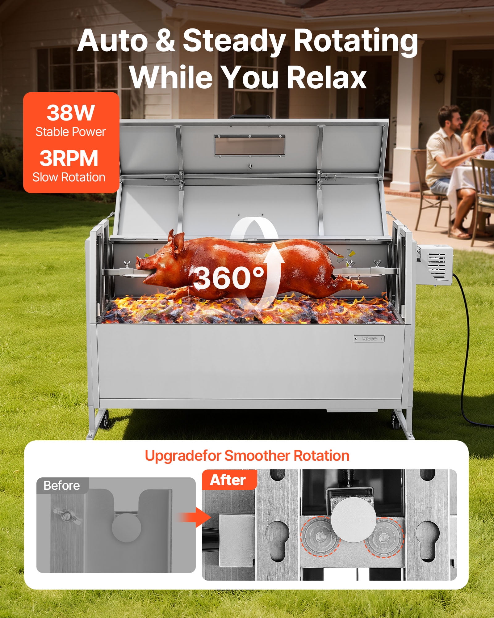 VEVOR Rotisserie Grill, 38W BBQ Outdoor Pig & Lamb Spit Roaster, Charcoal Spit Roaster with 132 LBS Capacity, Wheels & 4-Level Height, Stainless Steel Rotisserie Grill Kit for Camping Outdoor Parties