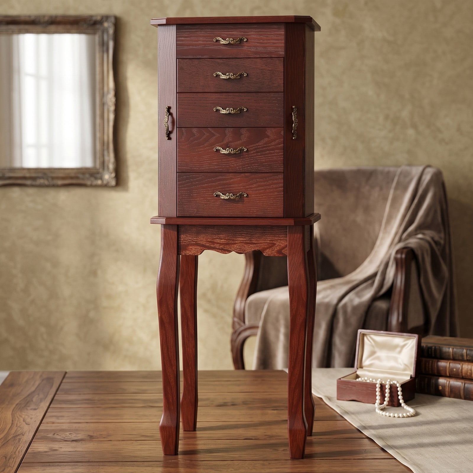 Furnibear Large Storage Capacity Freestanding Jewelry Cabinet with 5 Drawers, 2 Doors, and Top Lid Mirror for Bedroom, Walnut