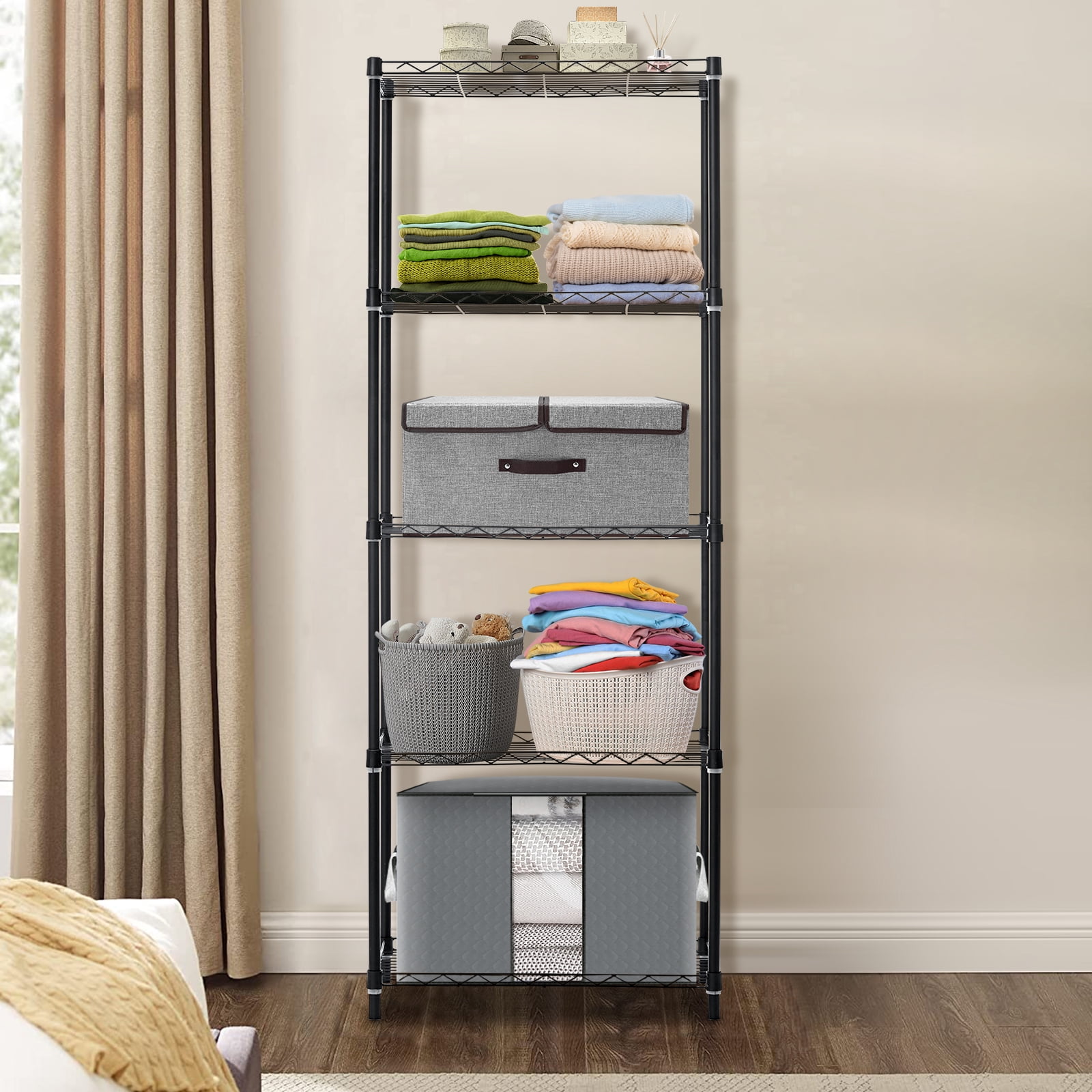 HONEIER 5-Tier Storage Shelving Unit, Heavy Duty Metal Shelf Wire Storage Rack Freestanding Shelves for Pantry Closet Kitchen Laundry Bedroom, 63"x 22"x 14", Black