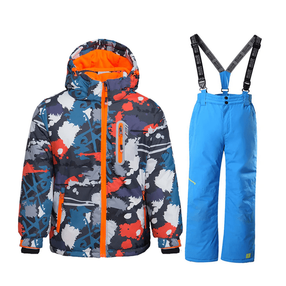 YEEFINE Boy's Snow Jacket Pants Suits, Winter Hooded Insulated Ski Suit Windproof Waterproof Outdoor Blue US10