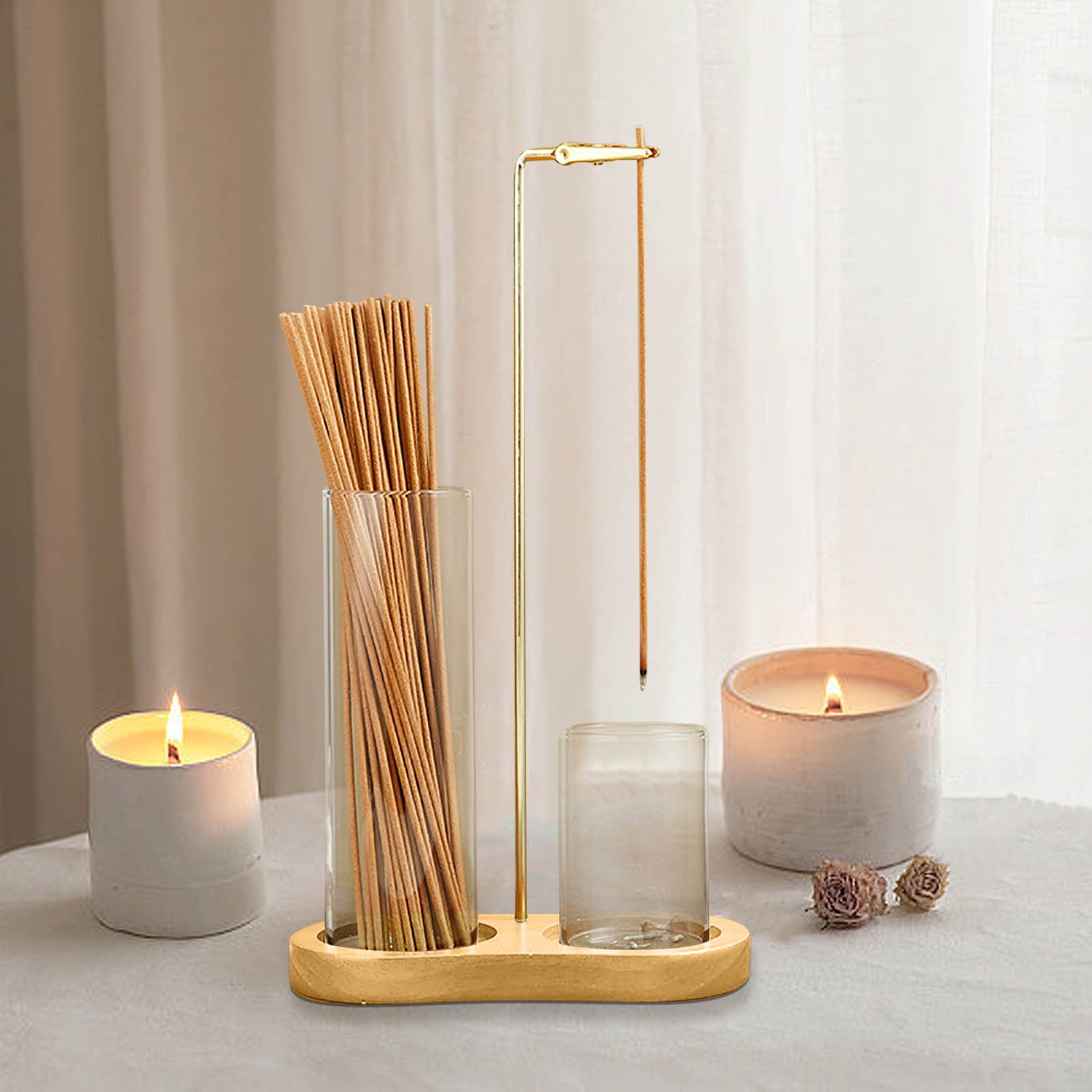 2 in 1 Incense Holder Solid Rubber Wood 8-Shaped Base | Glass Cup Ash Catcher | Secure Clip Metal Arm | For Meditation | Clean Burning | Single Pack